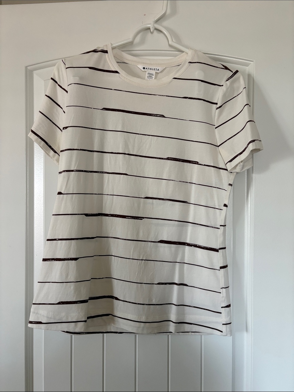 Athleta Cream Short-Sleeve Tee with Thin Brown Stripes